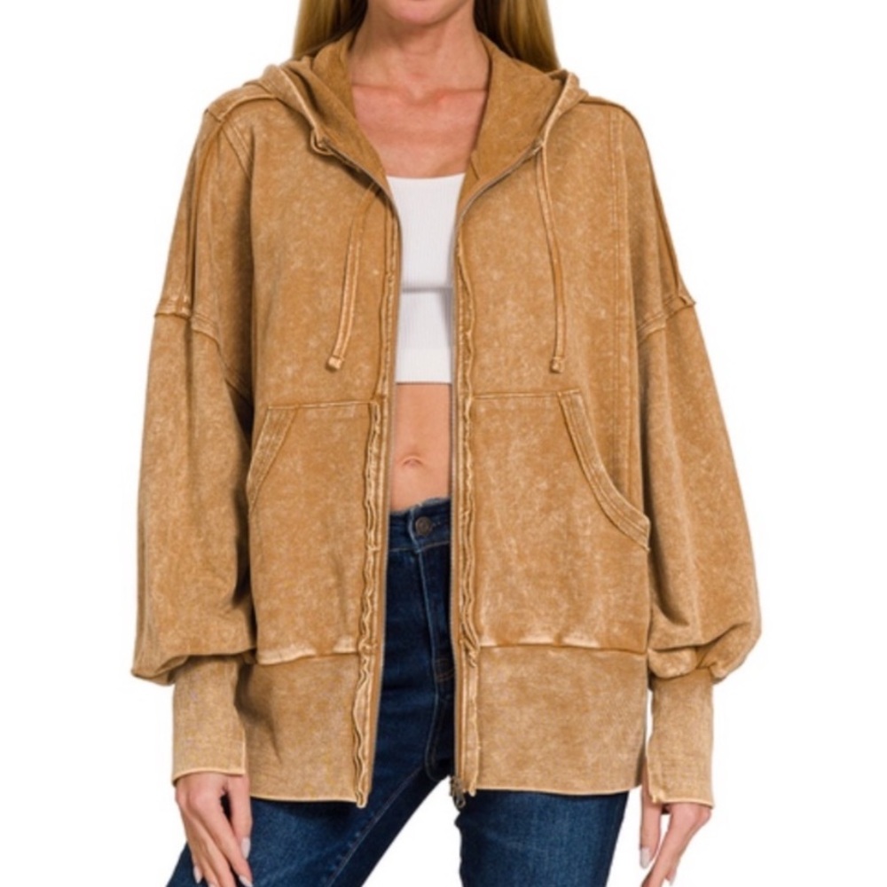 NWOT🤎Zenana Acid Washed French Terry Zip Hoodie S/M  Camel